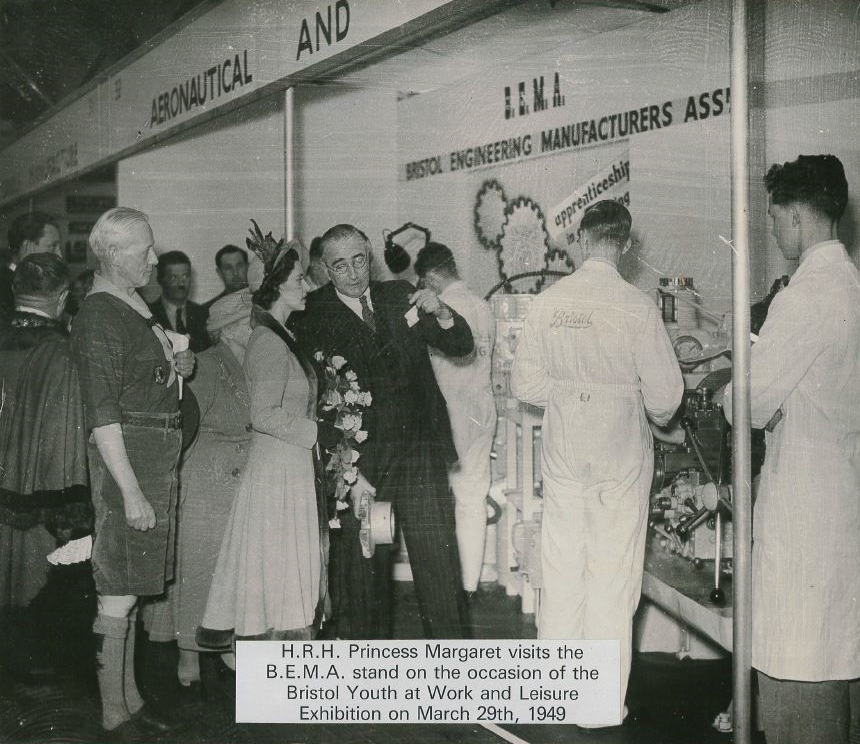 Princess Margaret visits the BEMA stand at an exhibition in 1949